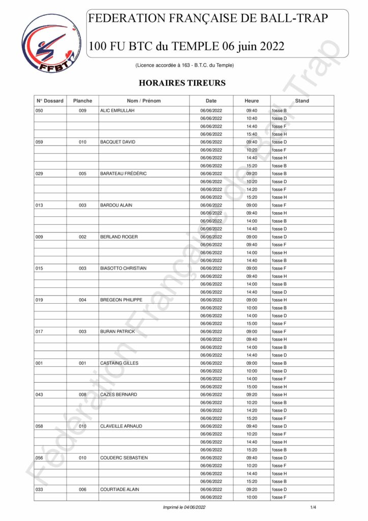 Horaires tireurs 1/4